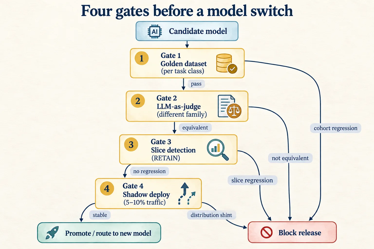 The four-gate model-swap validation pipeline